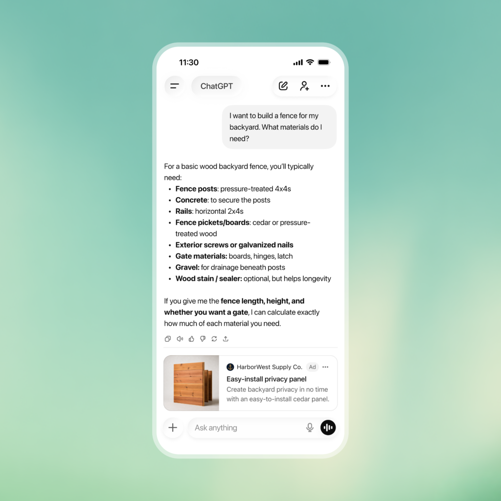 Official ChatGPT mobile example showing a sponsored fence-product advertisement below an answer.