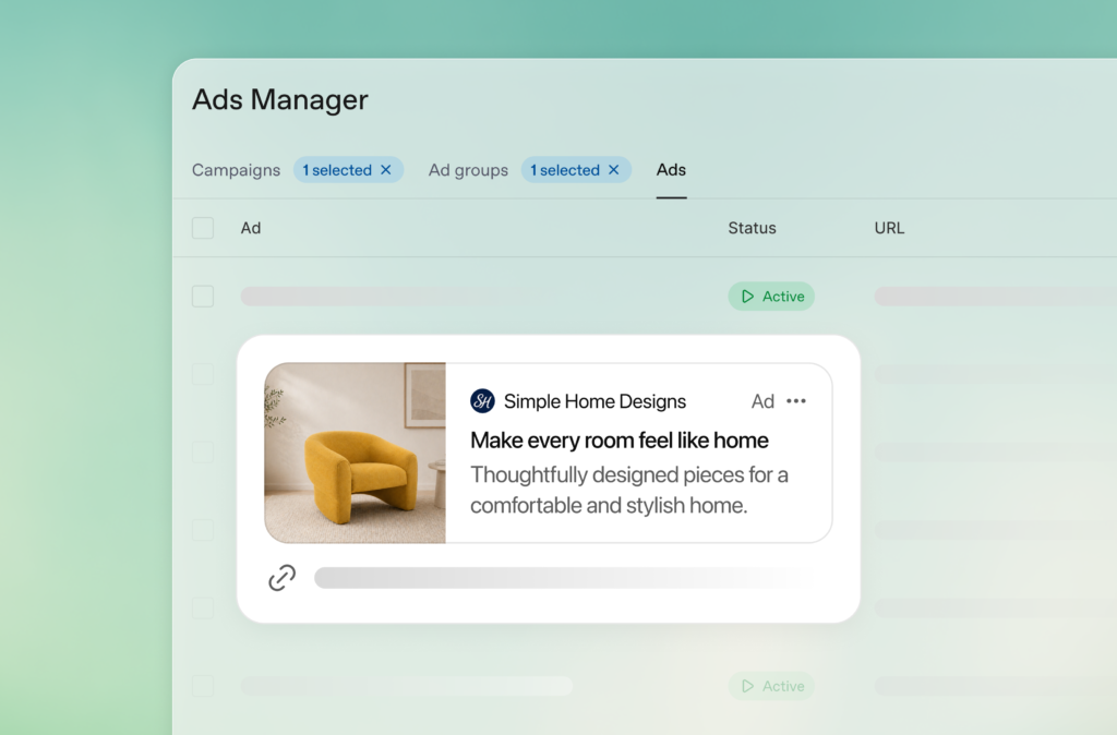 Official OpenAI Ads Manager ad-details screen with an active status, destination URL and Simple Home Designs preview.